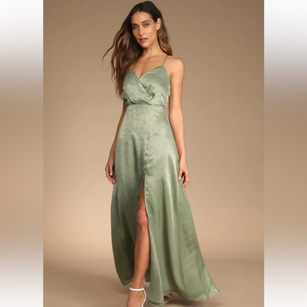 Lulu's Constantine Dusty Sage Satin Formal Maxi Dress Size Small